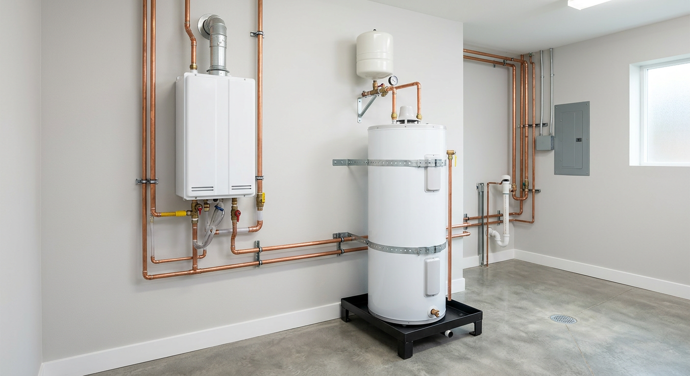 A new tankless water heater and a new tank water heater professionally installed side by side