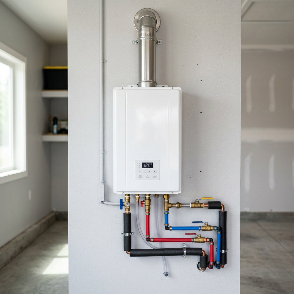 A modern wall-mounted tankless water heater neatly installed with insulated piping